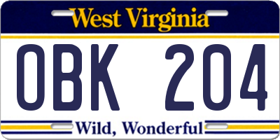 WV license plate OBK204