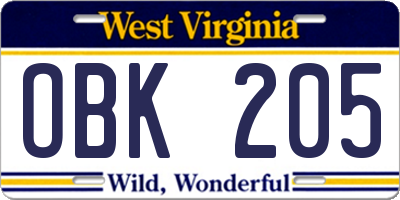 WV license plate OBK205