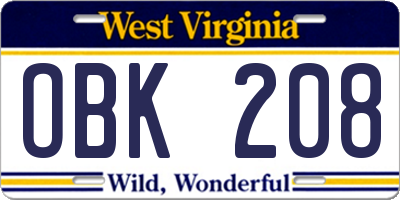 WV license plate OBK208