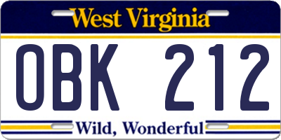 WV license plate OBK212