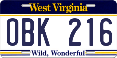 WV license plate OBK216