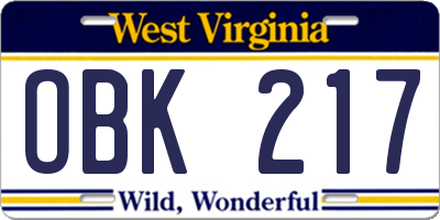 WV license plate OBK217