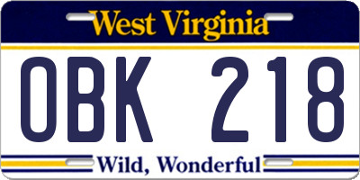 WV license plate OBK218