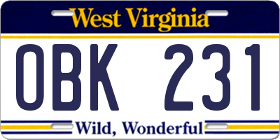 WV license plate OBK231