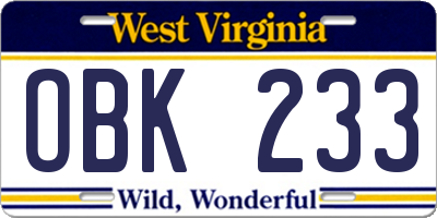 WV license plate OBK233