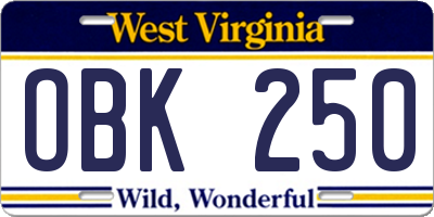 WV license plate OBK250