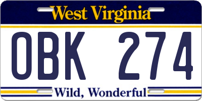 WV license plate OBK274