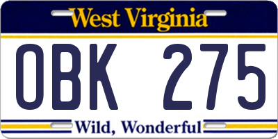 WV license plate OBK275