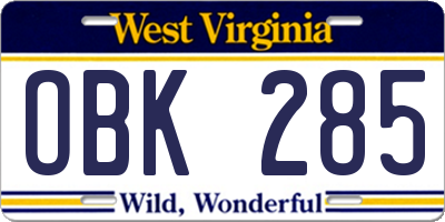 WV license plate OBK285