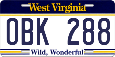 WV license plate OBK288