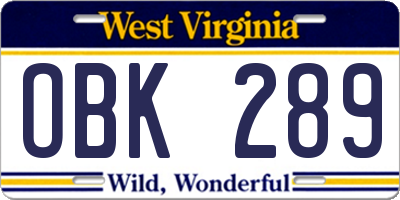 WV license plate OBK289