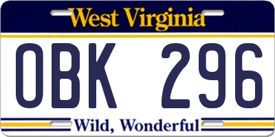 WV license plate OBK296