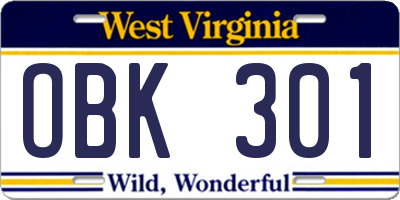 WV license plate OBK301