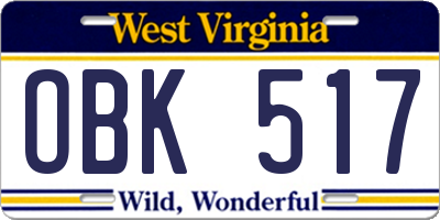 WV license plate OBK517