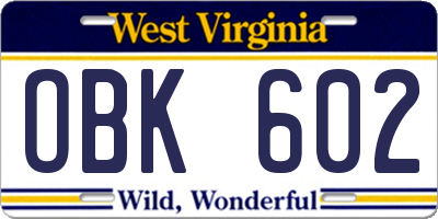 WV license plate OBK602