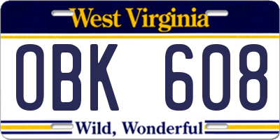 WV license plate OBK608