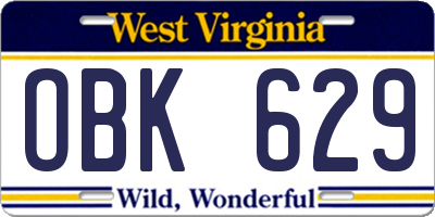 WV license plate OBK629