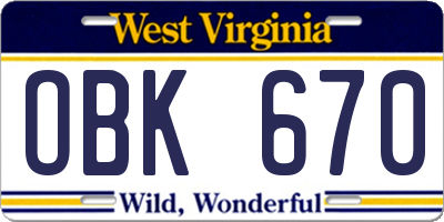 WV license plate OBK670