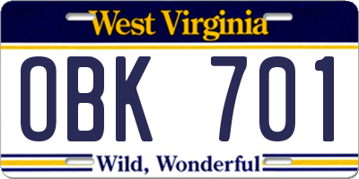 WV license plate OBK701