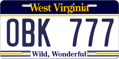 WV license plate OBK777