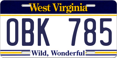 WV license plate OBK785