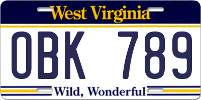 WV license plate OBK789