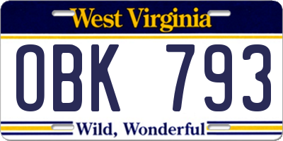 WV license plate OBK793