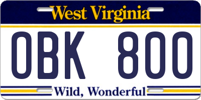 WV license plate OBK800