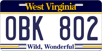 WV license plate OBK802