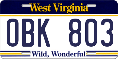 WV license plate OBK803
