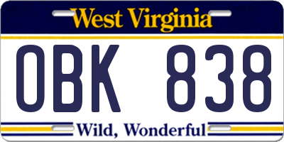 WV license plate OBK838