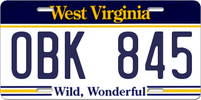 WV license plate OBK845