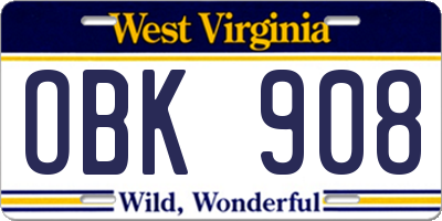 WV license plate OBK908