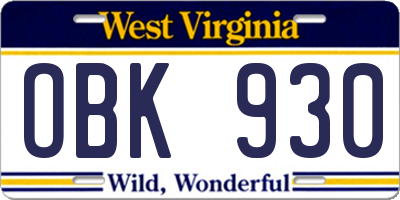 WV license plate OBK930
