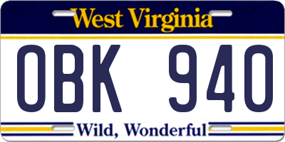 WV license plate OBK940
