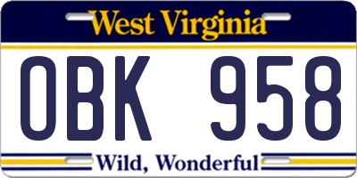 WV license plate OBK958
