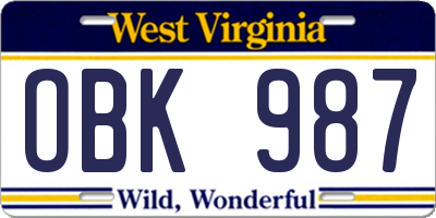 WV license plate OBK987