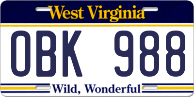 WV license plate OBK988