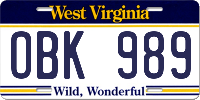 WV license plate OBK989