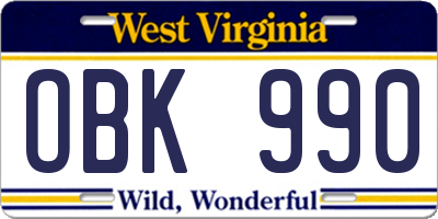 WV license plate OBK990