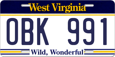 WV license plate OBK991