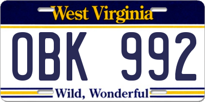 WV license plate OBK992