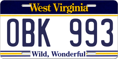 WV license plate OBK993
