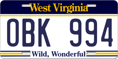 WV license plate OBK994