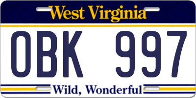 WV license plate OBK997