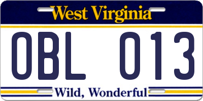 WV license plate OBL013