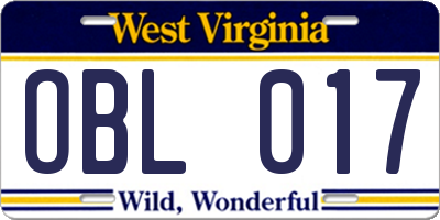 WV license plate OBL017
