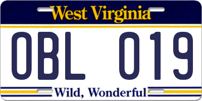 WV license plate OBL019