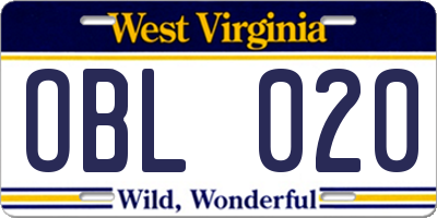 WV license plate OBL020