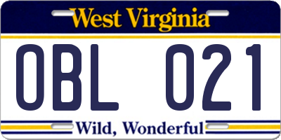 WV license plate OBL021